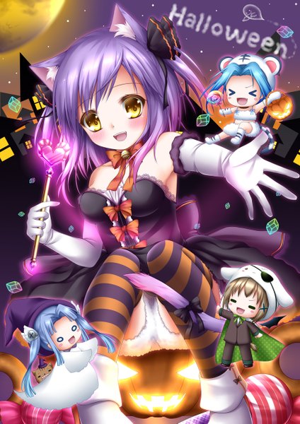 Anime picture 900x1273 with original shitou single tall image looking at viewer blush short hair open mouth animal ears yellow eyes purple hair cat ears halloween chibi o o girl thighhighs dress gloves elbow gloves