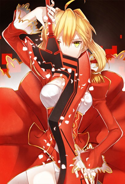 Anime picture 667x983 with fate (series) fate/extra type-moon nero claudius (fate) (all) nero claudius (fate) juugonichi single tall image looking at viewer fringe breasts light erotic blonde hair holding green eyes ahoge fingernails pantyshot puffy sleeves girl