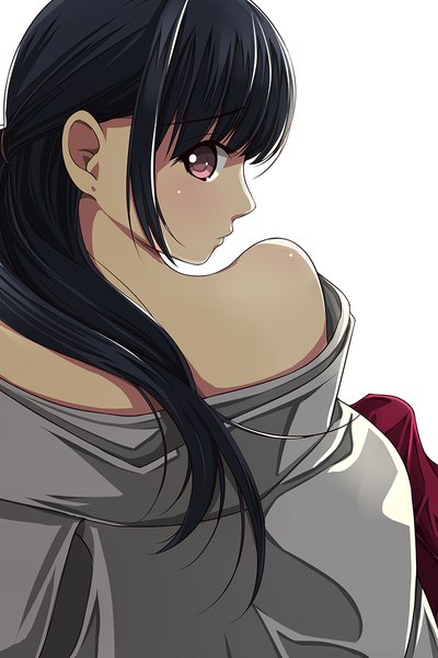 Anime picture 800x1200 with original matsunaga kouyou single long hair tall image black hair simple background white background bare shoulders profile pink eyes looking back girl