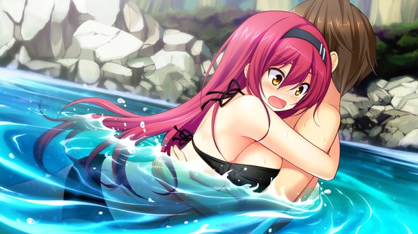 Anime picture 2560x1440 with wagaya no himegami-sama! long hair blush highres short hair light erotic brown hair wide image game cg red hair orange eyes couple hug girl boy swimsuit bikini water hairband black bikini