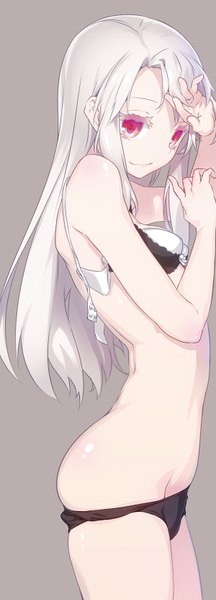 Anime picture 600x1660 with fate (series) type-moon illyasviel von einzbern nilitsu single long hair tall image looking at viewer light erotic simple background smile standing bare shoulders white hair pink eyes grey background bare legs bare belly open bra girl
