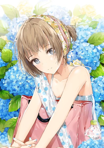 Anime picture 800x1132 with original dangmill single tall image looking at viewer short hair brown hair bare shoulders ponytail nail polish head tilt grey eyes summer hands clasped revision closed umbrella girl flower (flowers) hairband umbrella