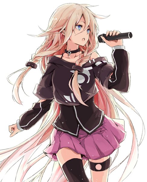 Anime picture 811x1000 with vocaloid ia (vocaloid) toromera single tall image open mouth simple background white background looking away pink hair braid (braids) very long hair aqua eyes sparkle singing girl thighhighs microphone single thighhigh blouse