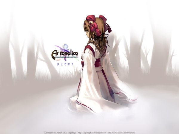 Anime picture 1600x1200 with ar tonelico gust (company) aurica nestmile nagi ryou vagetogt single long hair brown hair standing cloud (clouds) braid (braids) long sleeves traditional clothes japanese clothes profile from behind copyright name partially submerged back official alternate costume