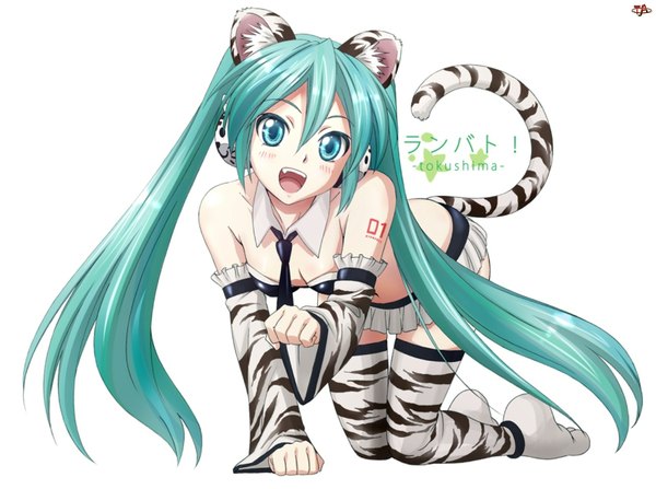 Anime picture 1600x1193 with vocaloid hatsune miku zoneflower single long hair blush open mouth white background twintails bare shoulders animal ears tail aqua eyes aqua hair on all fours tiger ears tiger tail tiger girl girl thighhighs
