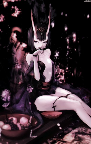 Anime picture 1201x1887 with fate (series) fate/grand order shuten douji (fate) nekoya (liu) single tall image fringe short hair light erotic black hair sitting purple eyes bare shoulders horn (horns) oni horns oni finger in mouth girl fruit youkai