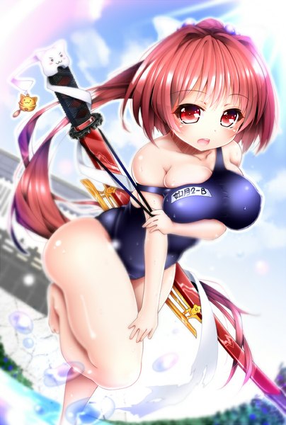 Anime picture 732x1087 with original red disappointment single long hair tall image looking at viewer blush breasts open mouth light erotic red eyes large breasts pink hair girl weapon swimsuit sword katana one-piece swimsuit