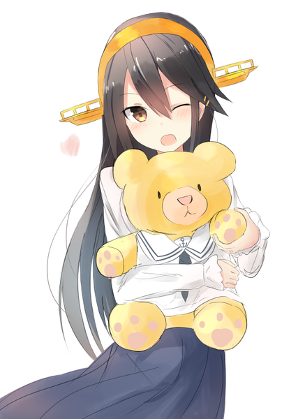 Anime picture 600x823 with kantai collection haruna battleship yuki (yukin0128) single long hair tall image blush fringe open mouth black hair simple background hair between eyes standing white background holding yellow eyes payot upper body one eye closed wink