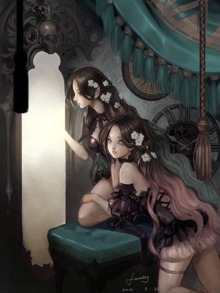 Anime picture 1129x1500 with original bobo1983 long hair tall image looking at viewer blue eyes bare shoulders multiple girls signed pink hair very long hair profile multicolored hair hair flower pointy ears aqua hair kneeling wavy hair lacing girl