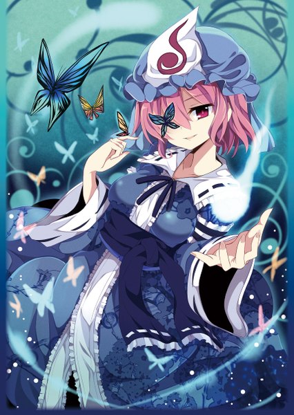 Anime picture 861x1213 with touhou saigyouji yuyuko matsuri uta single tall image looking at viewer short hair smile pink hair pink eyes outstretched arm butterfly on hand girl insect butterfly bonnet