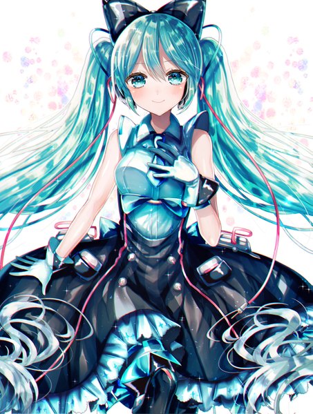 Anime picture 1133x1500 with vocaloid magical mirai (vocaloid) hatsune miku magical mirai miku magical mirai miku (2016) abandon ranka single tall image looking at viewer blush fringe smile hair between eyes twintails bare shoulders very long hair aqua eyes aqua hair sparkle hand on chest