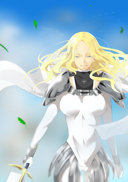 Anime picture 1120x1584 with claymore madhouse teresa nya (artist) (4981789) single tall image breasts blonde hair smile large breasts holding looking away wind wavy hair silver eyes girl weapon sword armor cape