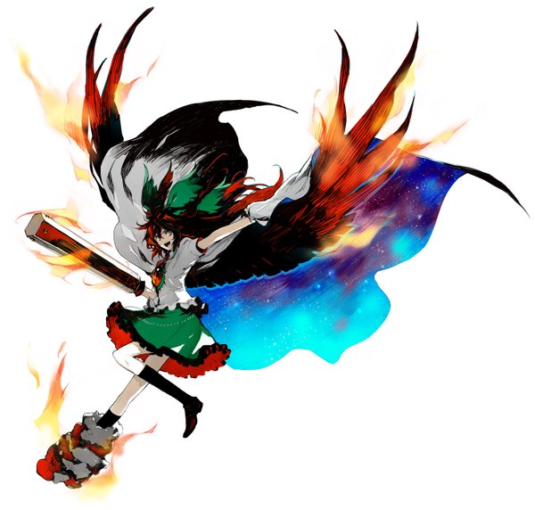 Anime picture 1571x1500 with touhou reiuji utsuho minakata sunao single long hair white background orange hair orange eyes black wings starry sky print arm cannon girl skirt bow weapon hair bow gun cloak fire green skirt