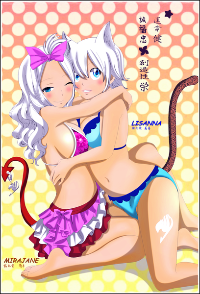 Anime picture 2012x2958 with fairy tail mirajane strauss lisanna strauss drago686 long hair tall image blush highres short hair blue eyes light erotic smile multiple girls animal ears white hair tail one eye closed barefoot wink cat ears