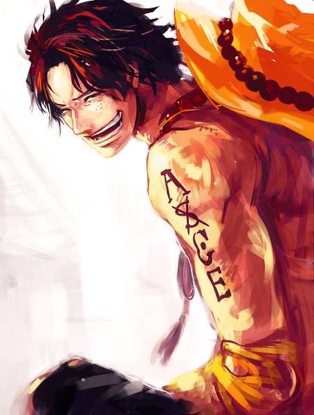 Anime picture 967x1278 with one piece toei animation portgas d. ace tsuyomaru single tall image short hair open mouth black hair simple background smile white background eyes closed tattoo freckles boy hat