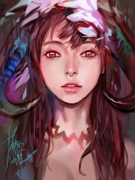 Anime picture 740x987 with yilee single long hair tall image looking at viewer fringe open mouth red eyes brown hair signed parted lips horn (horns) lips inscription portrait dark background girl headdress