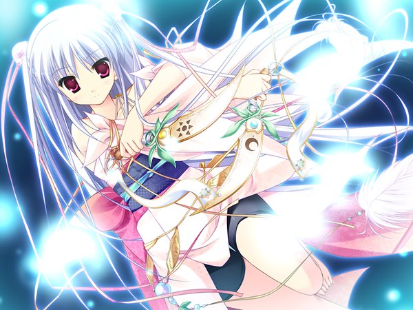 Anime picture 1200x900 with prismrhythm (game) single long hair looking at viewer blonde hair purple eyes game cg white hair traditional clothes japanese clothes girl weapon kimono dagger