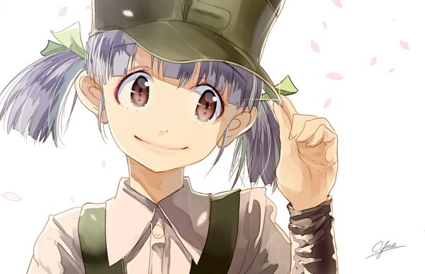 Anime picture 1000x646 with kantai collection ooshio destroyer yae (mono110) single short hair simple background smile white background twintails brown eyes looking away grey hair girl petals flat cap suspenders