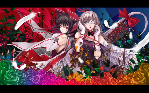 Anime picture 1680x1050 with touhou hakurei reimu yakumo yukari cradle (artist) wide image multiple girls girl 2 girls