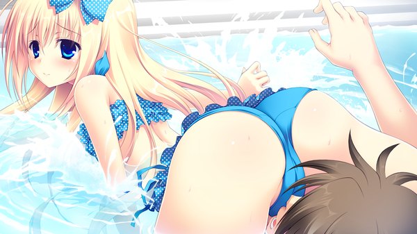 Anime picture 1024x576 with lovely quest long hair blue eyes light erotic blonde hair wide image game cg ass girl swimsuit