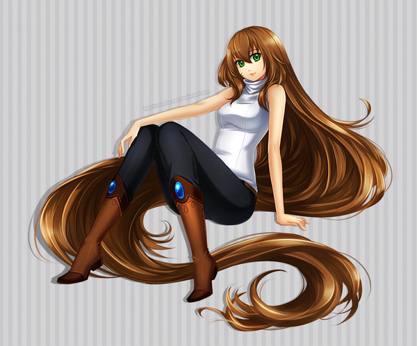 Anime picture 1110x923 with original mahel (original) zenithomocha single long hair looking at viewer simple background brown hair bare shoulders green eyes signed very long hair grey background striped knees touching knees together feet apart striped background girl thigh boots turtleneck