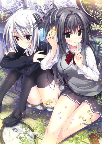 Anime picture 2334x3300 with original eshi 100-nin ten oryou long hair tall image blush highres light erotic sitting multiple girls white hair pleated skirt light smile black eyes scan grey eyes finger to mouth plaid skirt leg hug hand on headphones