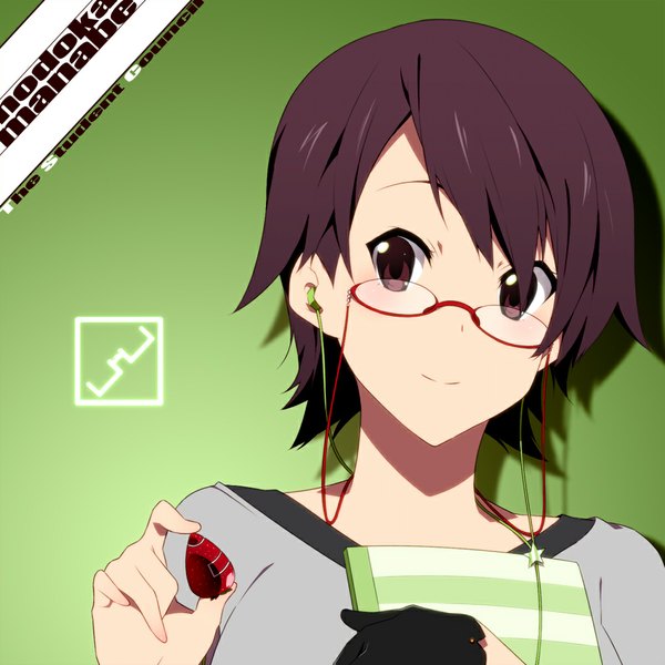 Anime picture 1000x1000 with k-on! kyoto animation manabe nodoka nanao (mahaya) single looking at viewer short hair black hair holding brown eyes upper body green background girl glasses food headphones berry (berries) strawberry digital media player