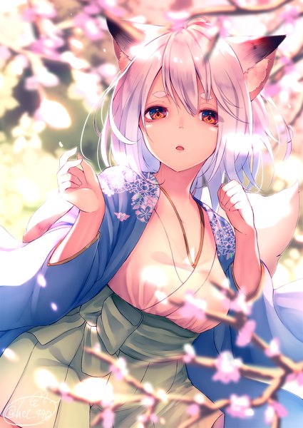 Anime picture 1417x2000 with original chita (ketchup) single long hair tall image looking at viewer fringe breasts open mouth hair between eyes red eyes standing signed animal ears silver hair outdoors traditional clothes japanese clothes blurry depth of field