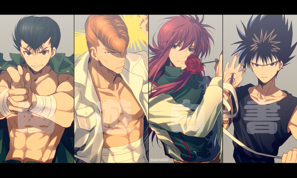 Anime picture 1000x600 with yu yu hakusho kurama hiei jaganshi urameshi yuusuke kuwabara kazuma mashima shima long hair fringe short hair black hair hair between eyes red eyes wide image brown eyes green eyes signed red hair traditional clothes orange hair tattoo