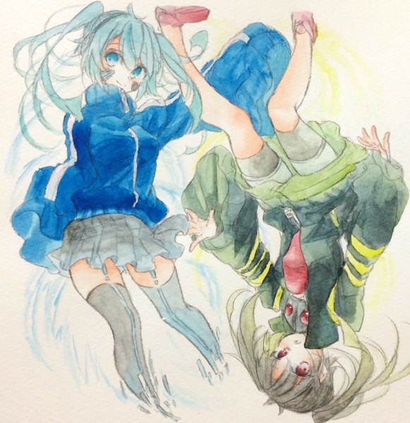 Anime picture 1240x1280 with kagerou project shaft (studio) ene (kagerou project) fina (sa47rin5) long hair tall image blush blue eyes black hair red eyes twintails blue hair looking away long sleeves dual persona upside down traditional media watercolor (medium) rotational symmetry girl