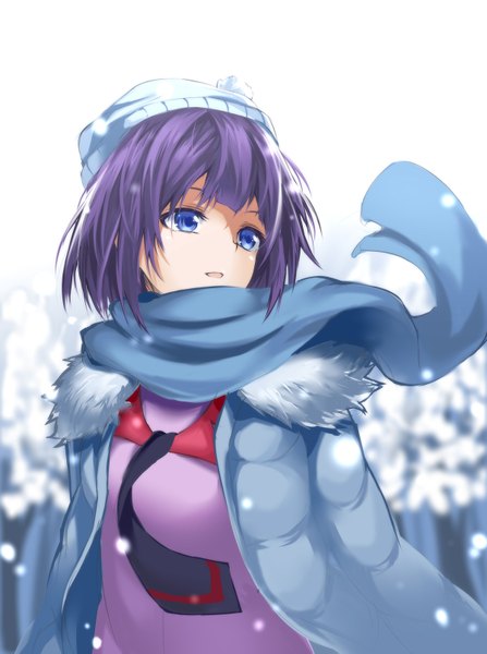 Anime picture 1200x1611 with bakemonogatari shaft (studio) monogatari (series) senjougahara hitagi heirou single tall image short hair blue eyes looking away purple hair wind depth of field snowing winter snow girl uniform plant (plants) school uniform