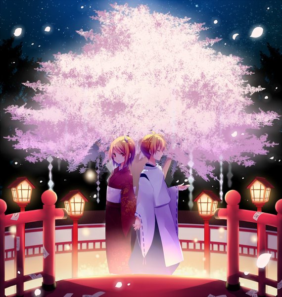 Anime picture 950x1000 with vocaloid kagamine rin kagamine len kuroi (liar-player) tall image short hair blonde hair smile red eyes standing ahoge eyes closed traditional clothes japanese clothes profile night night sky cherry blossoms outstretched arm holding hands