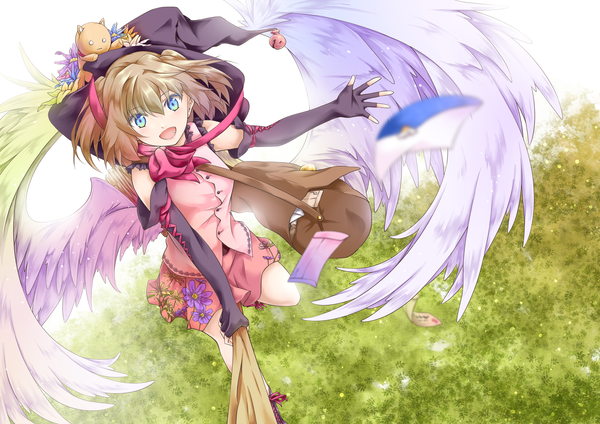 Anime picture 2481x1754 with hal illustration contest yuukitan noala single looking at viewer fringe highres short hair open mouth blue eyes smile hair between eyes brown hair :d angel wings broom riding girl skirt gloves hat