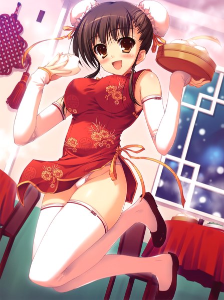 Anime picture 3354x4495 with original tomose shunsaku tall image blush highres open mouth light erotic black hair red eyes absurdres pantyshot chinese clothes jumping girl thighhighs hair ornament underwear detached sleeves white thighhighs food