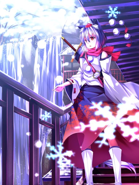 Anime picture 900x1200 with touhou inubashiri momiji waterdog single tall image short hair red eyes animal ears silver hair tail traditional clothes animal tail sunlight sunbeam girl weapon detached sleeves boots scarf thigh boots