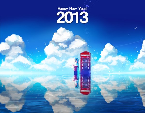 Anime picture 1500x1171 with vocaloid hatsune miku myoya single long hair twintails blue hair sky cloud (clouds) alternate costume reflection new year 2013 girl animal water bird (birds) phone phone booth