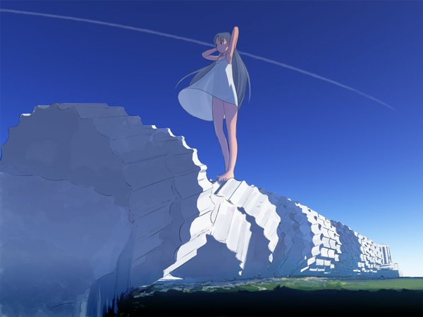 Anime picture 1024x768 with original souldeep single long hair open mouth looking away sky wind grey hair black eyes arms up scenic ruins condensation trail see-through silhouette girl dress plant (plants) white dress grass