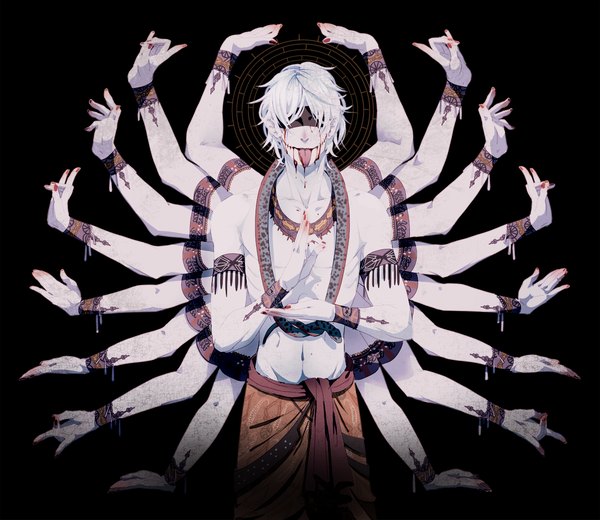 Anime picture 1350x1170 with monokroe (artist) single short hair white hair black background pale skin blindfold boy bracelet tongue blood snake hands