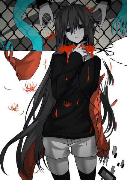 Anime picture 2480x3507 with kagerou project shaft (studio) kisaragi shintarou aki663 single tall image fringe highres white background very long hair monochrome genderswap girl thighhighs black thighhighs shorts headphones scarf blood sweater
