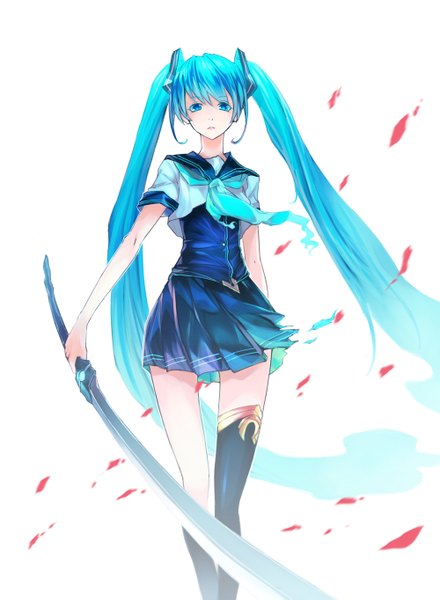 Anime picture 1000x1363 with vocaloid hatsune miku primrose single tall image looking at viewer simple background white background twintails holding very long hair pleated skirt aqua eyes wind aqua hair alternate costume legs girl skirt uniform
