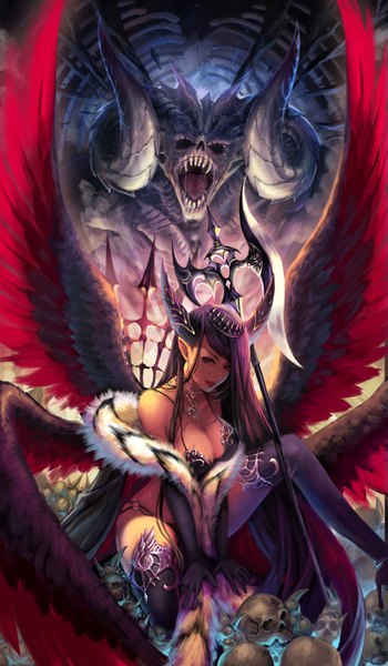 Anime picture 1750x3000 with original okuma mai long hair tall image highres breasts light erotic red eyes cleavage purple hair horn (horns) pointy ears girl thighhighs gloves black thighhighs wings black gloves elbow gloves pendant