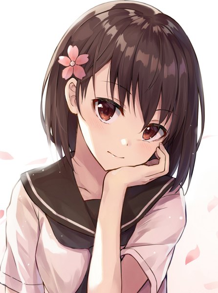 Anime picture 655x880 with original huwari (dnwls3010) single tall image looking at viewer fringe short hair simple background brown hair white background brown eyes upper body head tilt hair flower chin rest hand on cheek girl uniform flower (flowers) petals