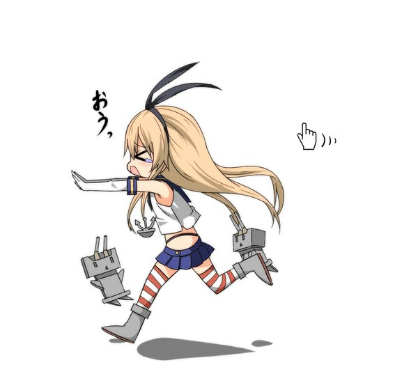 Anime picture 1071x1000 with kantai collection shimakaze destroyer rensouhou-chan ukami long hair blush open mouth simple background blonde hair white background full body inscription zettai ryouiki tears running > < girl thighhighs skirt gloves