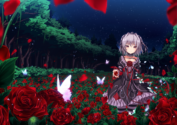 Anime picture 1500x1062 with hapymaher naitou maia ugume single looking at viewer short hair smile standing twintails brown eyes outdoors wind grey hair night night sky outstretched arm short twintails lolita fashion goth-loli gothic
