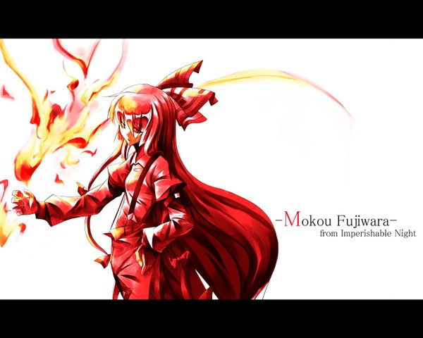 Anime picture 1280x1024 with touhou fujiwara no mokou sorano eika single looking at viewer simple background white background very long hair character names hand on hip letterboxed girl bow hair bow shirt suspenders flame