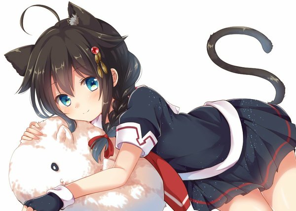 Anime picture 900x643 with kantai collection shigure destroyer emilion single long hair looking at viewer blue eyes black hair white background animal ears tail braid (braids) animal tail cat ears cat girl cat tail remodel (kantai collection) girl skirt gloves