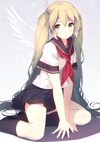 Anime picture 900x1272 with vocaloid hatsune miku caidychen single tall image looking at viewer blush fringe hair between eyes sitting twintails green eyes bent knee (knees) very long hair pleated skirt green hair shadow kneeling white wings alternate color
