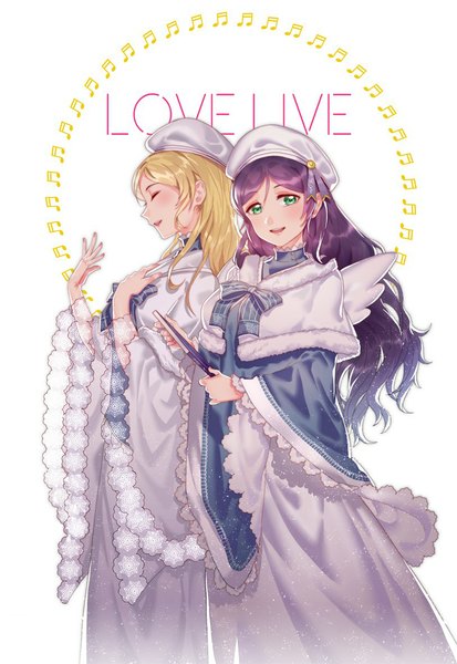 Anime picture 813x1181 with love live! school idol project love live! school idol festival sunrise (studio) love live! toujou nozomi ayase eli majiang long hair tall image blush fringe open mouth blonde hair simple background white background multiple girls holding green eyes looking away purple hair