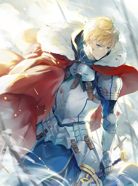 Anime picture 1530x2062 with fate (series) fate/prototype arthur pendragon (fate) ekita xuan single tall image short hair blue eyes blonde hair smile standing holding looking away ahoge parted lips wind fur trim blood on face bloody clothes boy
