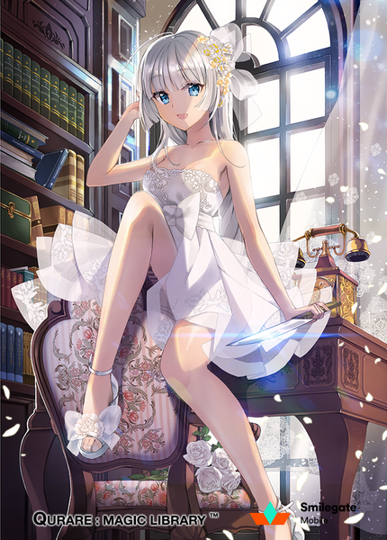 Anime picture 715x998 with qurare: magic library ice (ice aptx) single long hair tall image looking at viewer open mouth blue eyes bare shoulders silver hair girl dress bow hair bow petals shoes white dress book (books) knife wedding dress